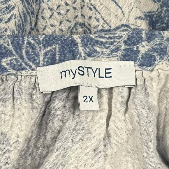 🔵 2/$15 ~ mySTYLE 2X blue floral gauze peasant blouse split neck long sleeve - Picture 7 of 9